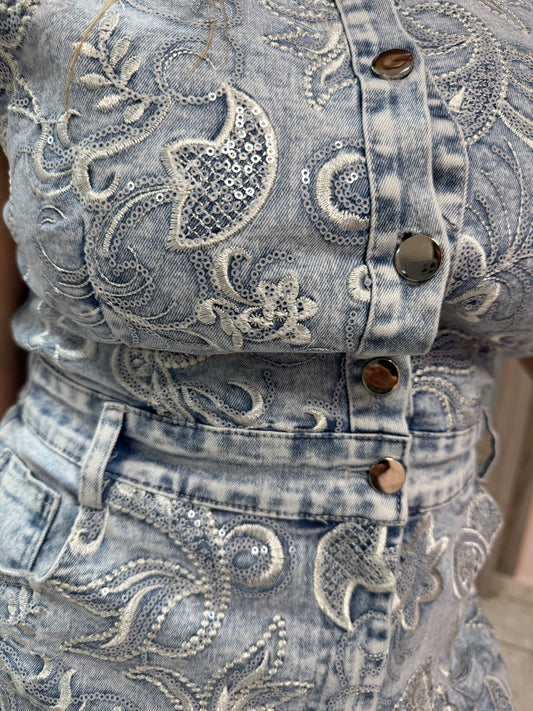 Denim Embroidery Romper
