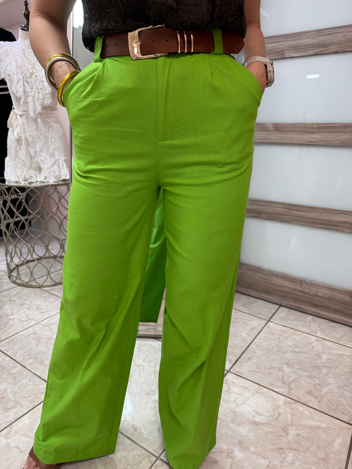 Green Linen Pant with Belt