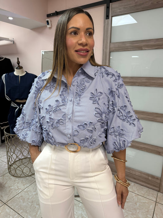 Blue/White Stripes with Flowers Details Top