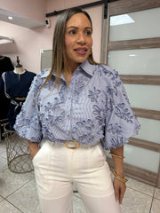 Blue/White Stripes with Flowers Details Top