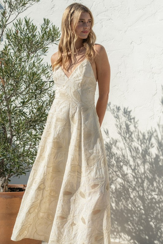 Embroidery Tie Back Ivory Maxi Dress