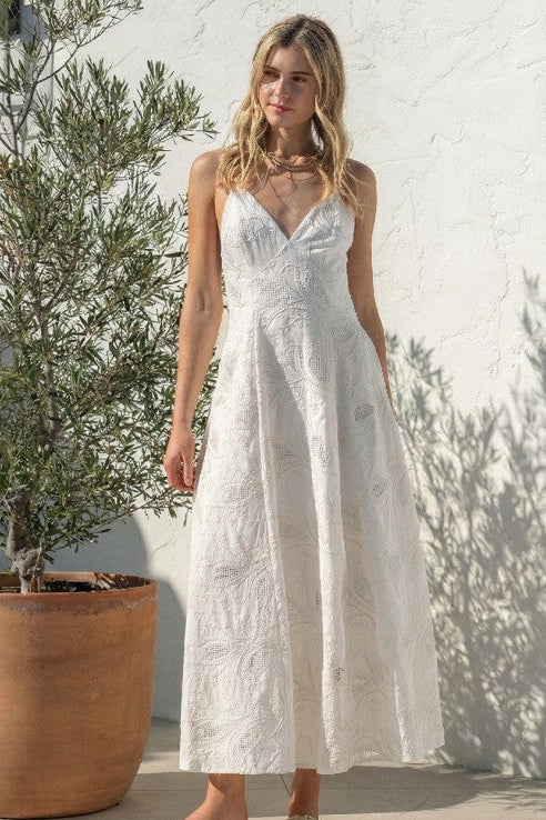 Embroidery Tie Back White Maxi Dress