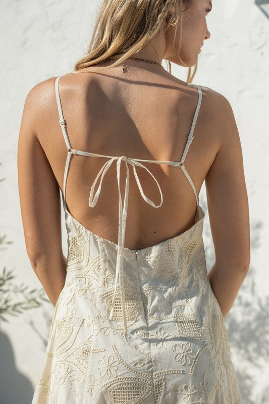 Embroidery Tie Back White Maxi Dress