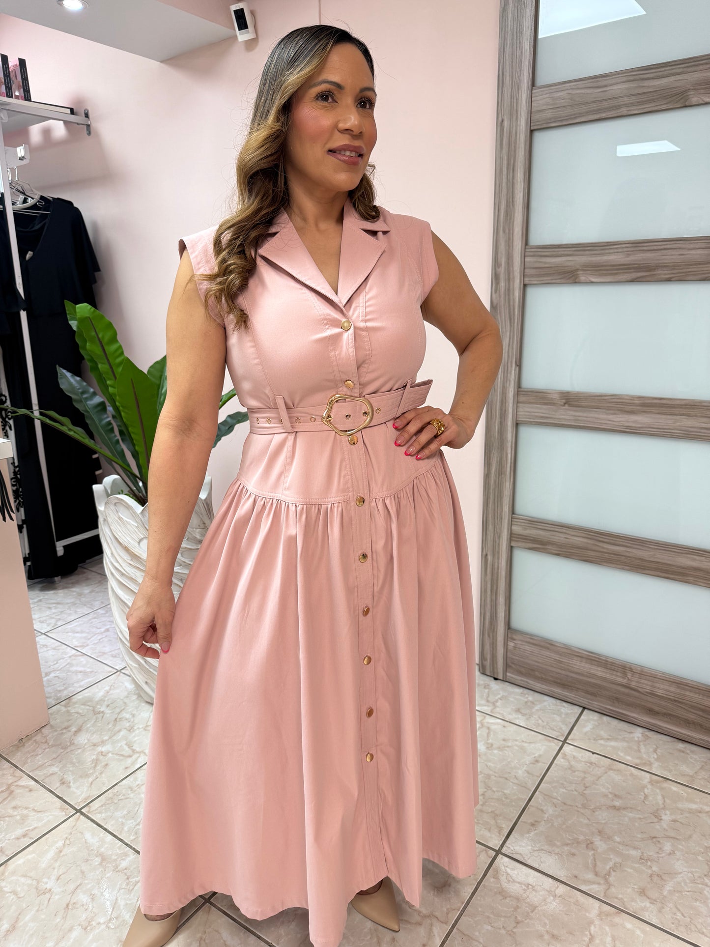Lorena Blush Pink-Button Down Maxi Dress