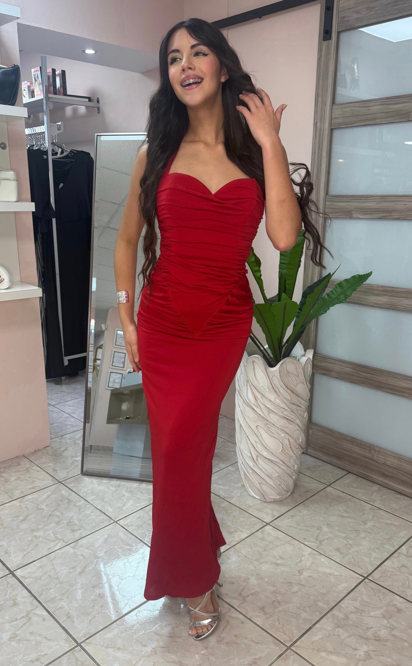 Red Halter Corset Maxi Dress