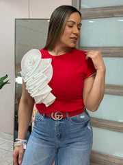 Red Sleeve Flower Top