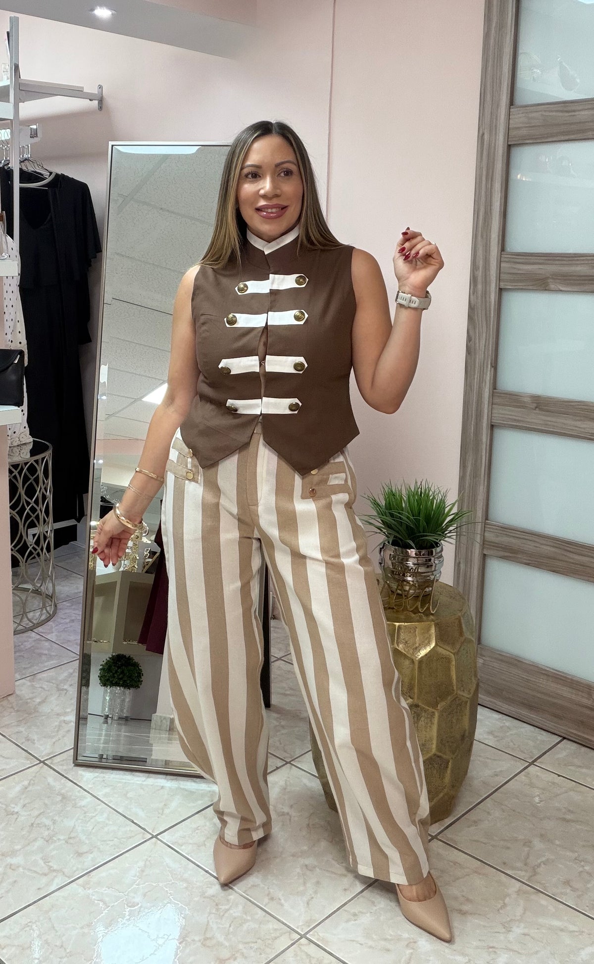 Sophie Camel/ivory Linen Pant