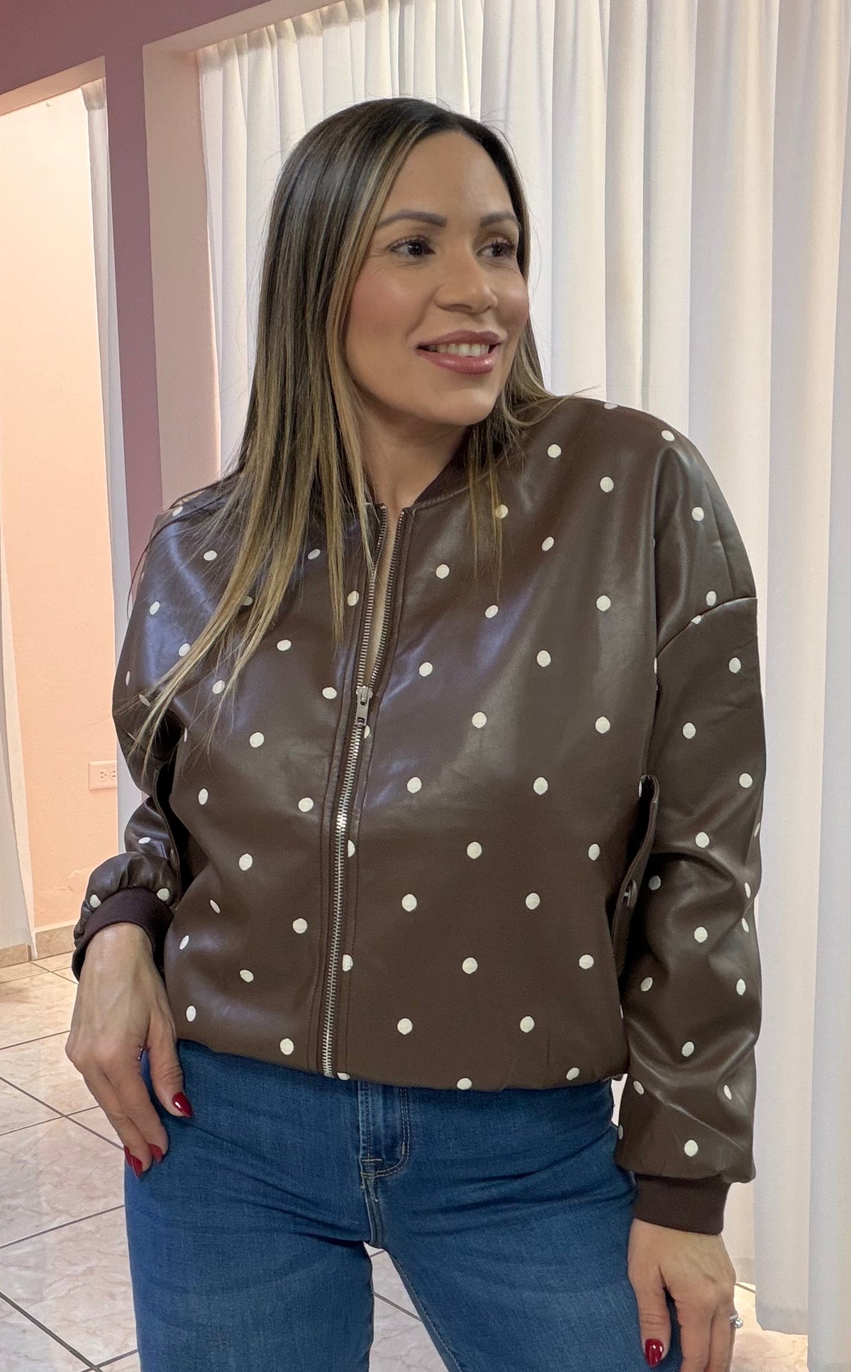 Chocolate Polka Dots Leather Jacket