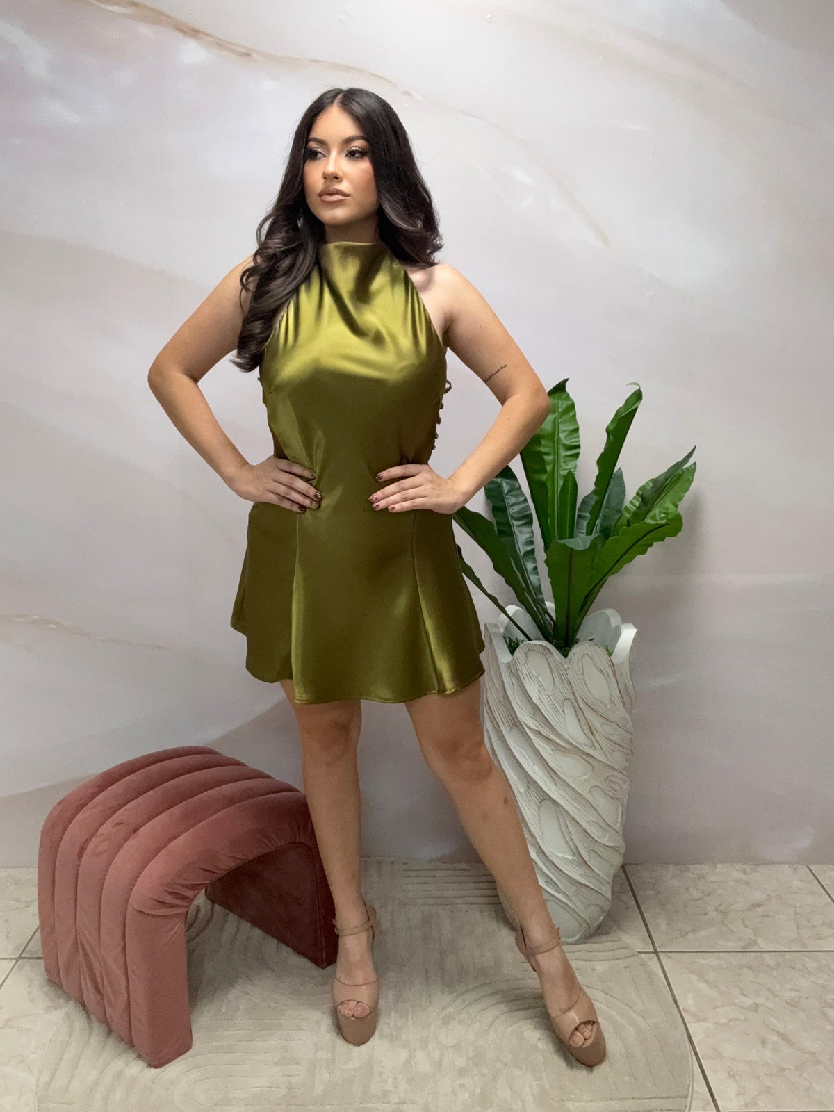 Olive Halter Satin Dress