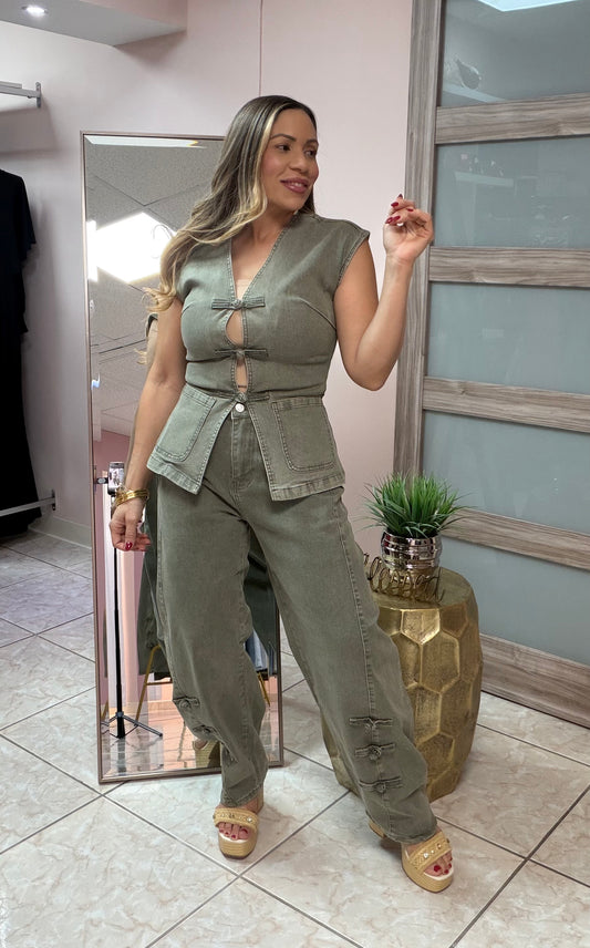 Sage Denim Top & Barrel Pant Set
