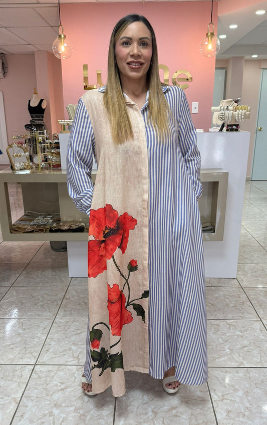 Linen Flowers & Stripes Dress
