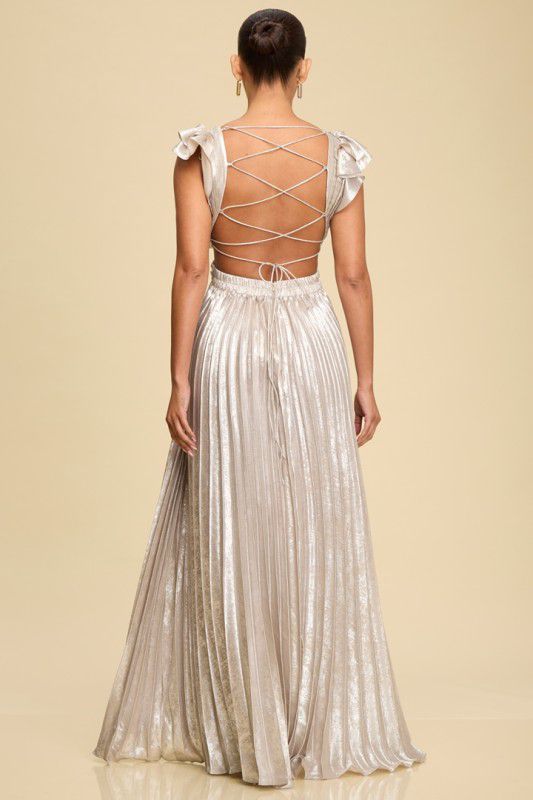 Metallic Silver Pleated Maxi Dress