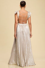 Metallic Silver Pleated Maxi Dress