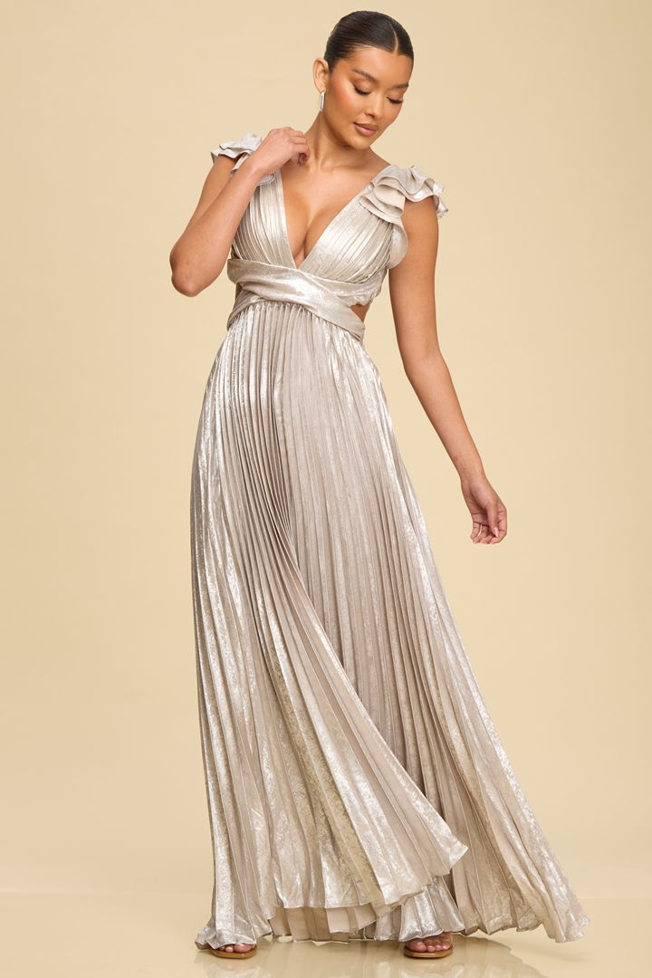 Metallic Silver Pleated Maxi Dress