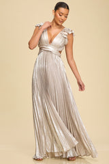 Metallic Silver Pleated Maxi Dress