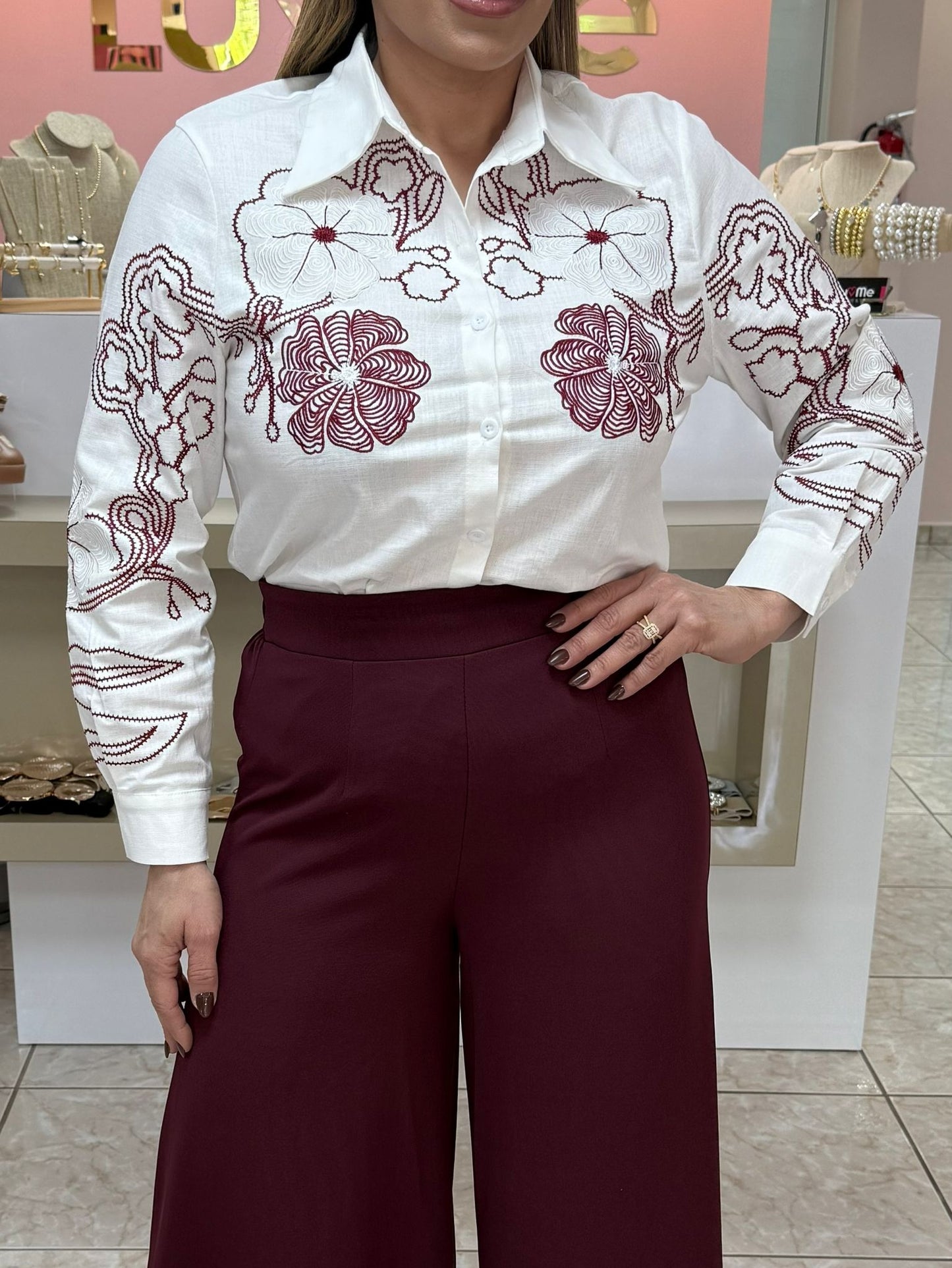 White/Wine Embroidery Linen Top