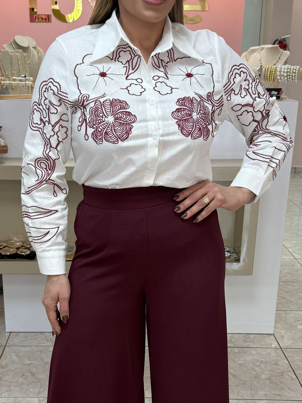 White/Wine Embroidery Linen Top