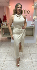 Beige Solid Sleeveless Chock Neck Dress