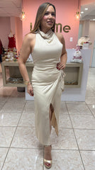 Beige Solid Sleeveless Chock Neck Dress