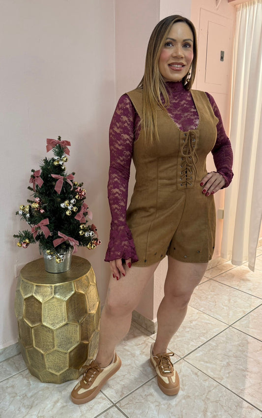 Camel Suede Short Romper