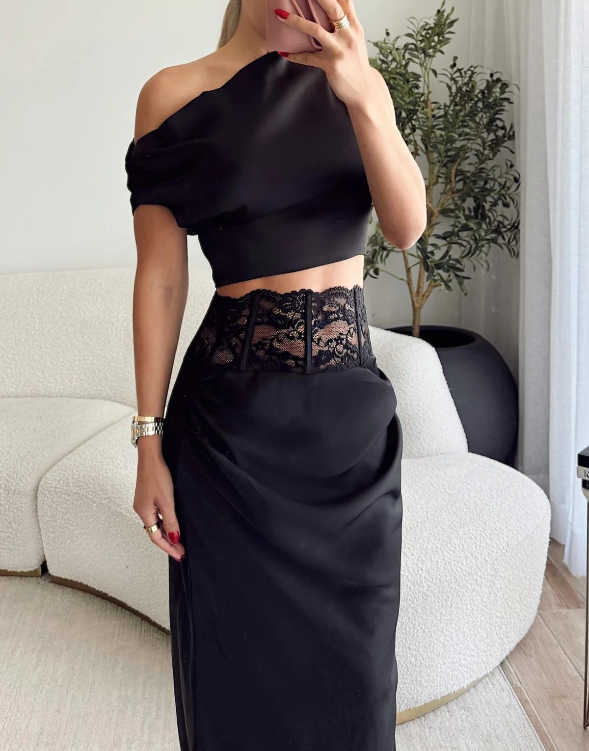 Black Satin Top & Skirt Set