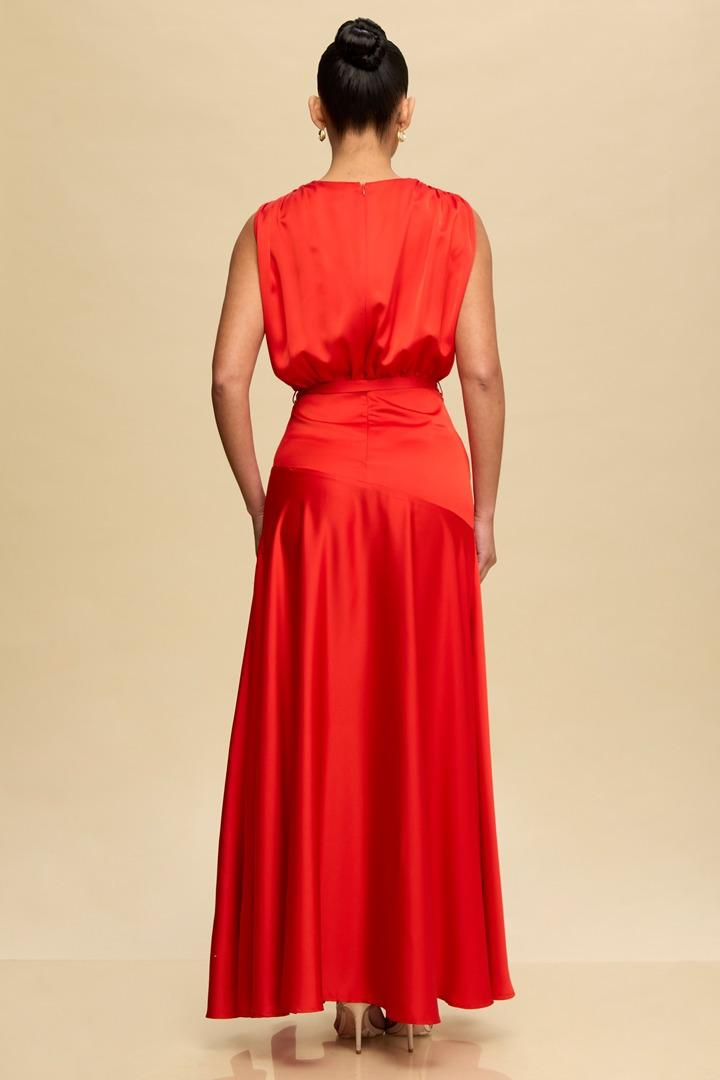 Red Satin Pleated Maxi Dress