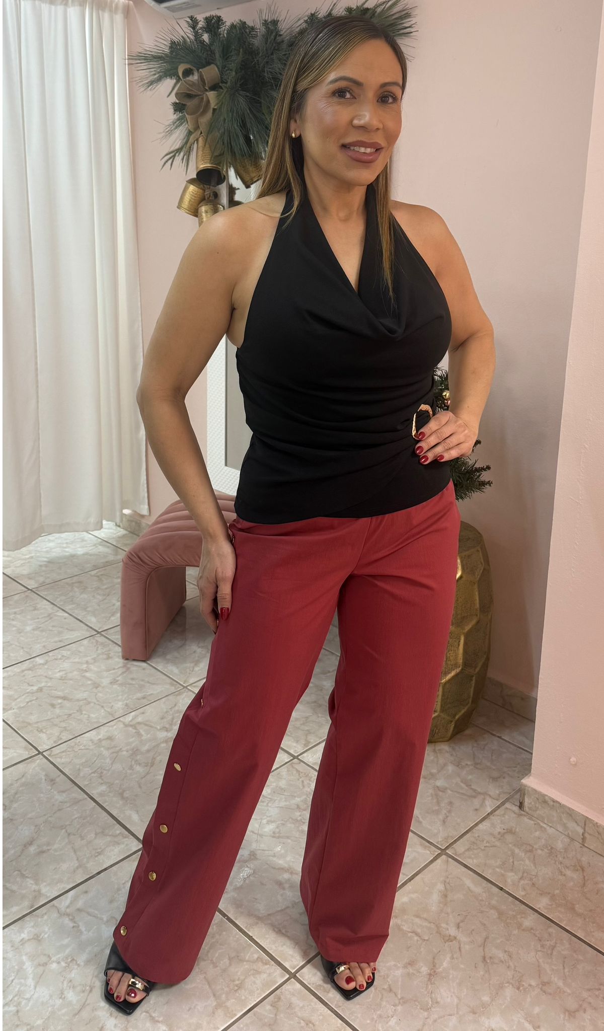 Wine Linen Stretch Pants