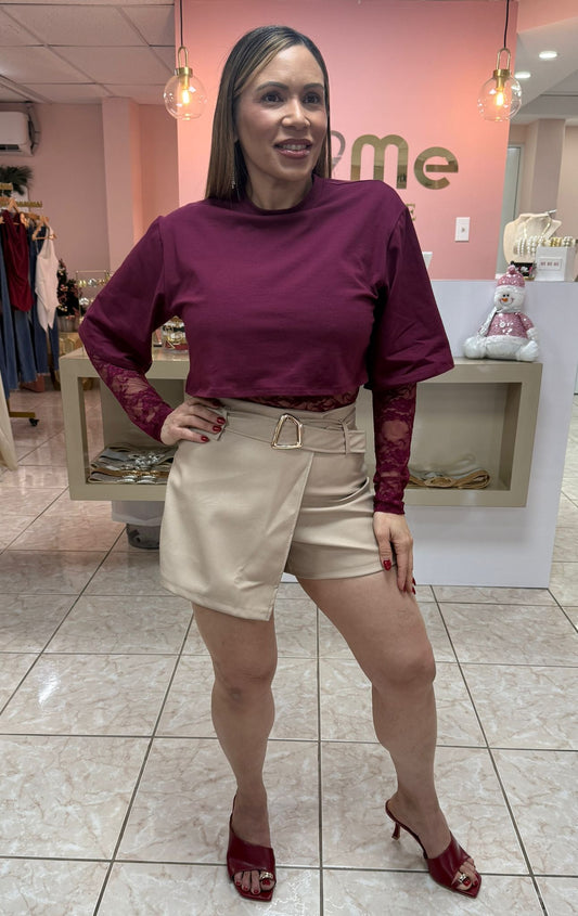 Ivory Leather Skort with Belt