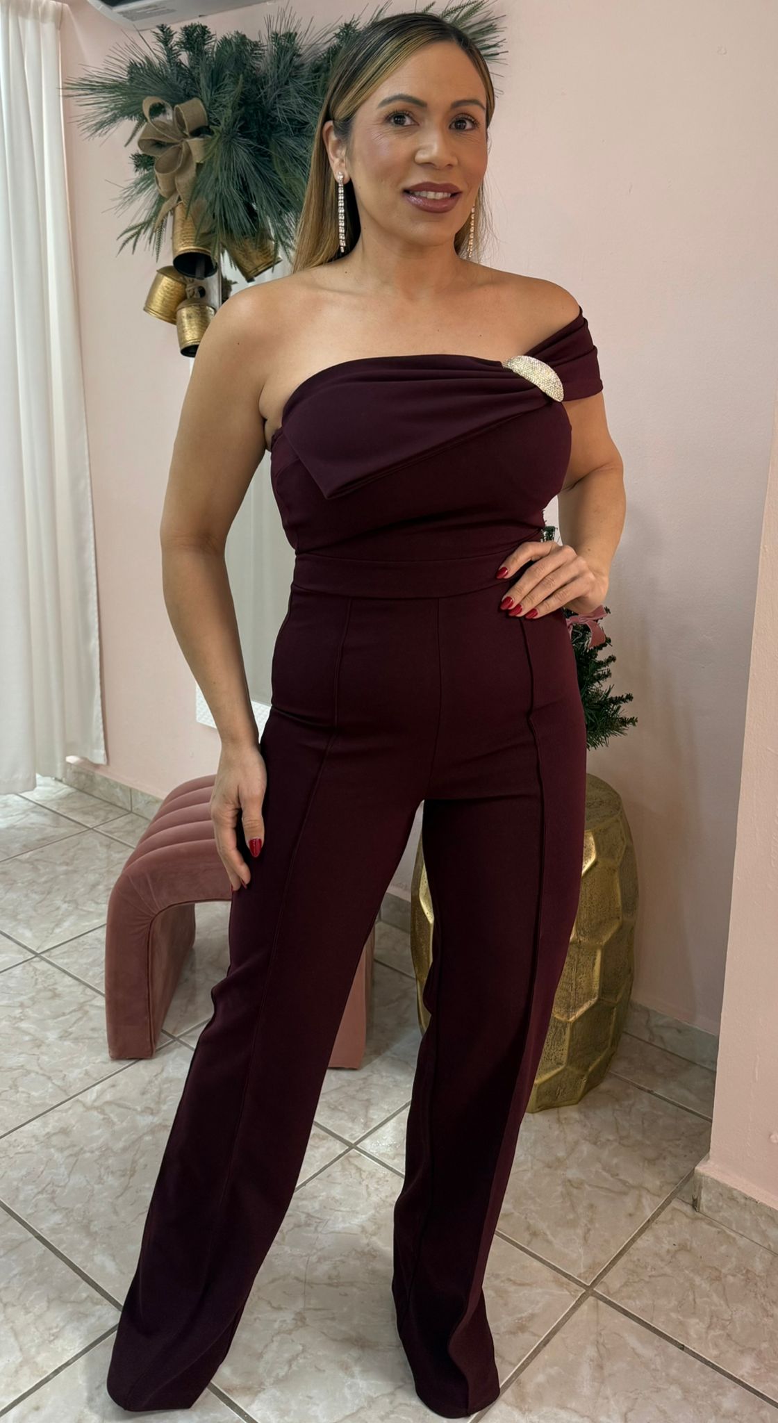 Burgundy Off Shoulder Jumpsuit