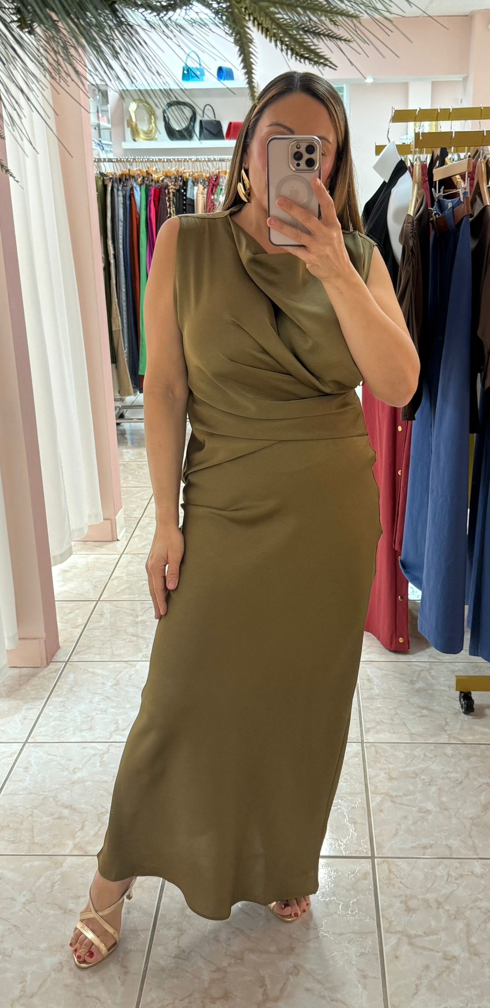 Olive Satin Maxi Dress