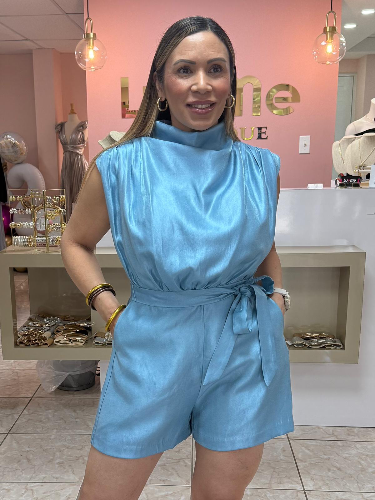 Sky Blue Cowl Neck Romper