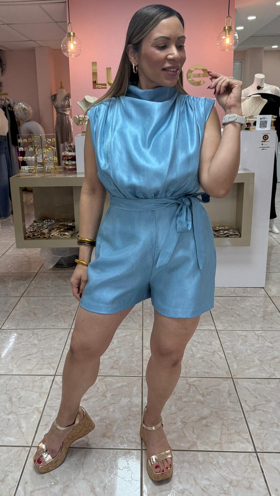 Sky Blue Cowl Neck Romper