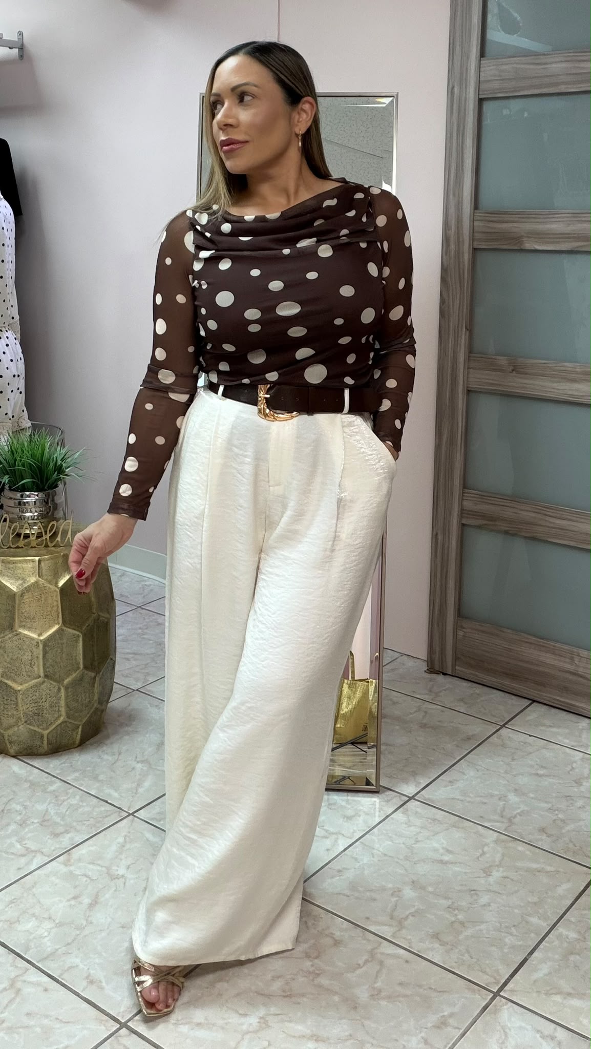 Ivory Satin Palazzo Pant with Belt