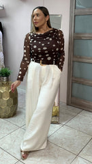 Ivory Satin Palazzo Pant with Belt