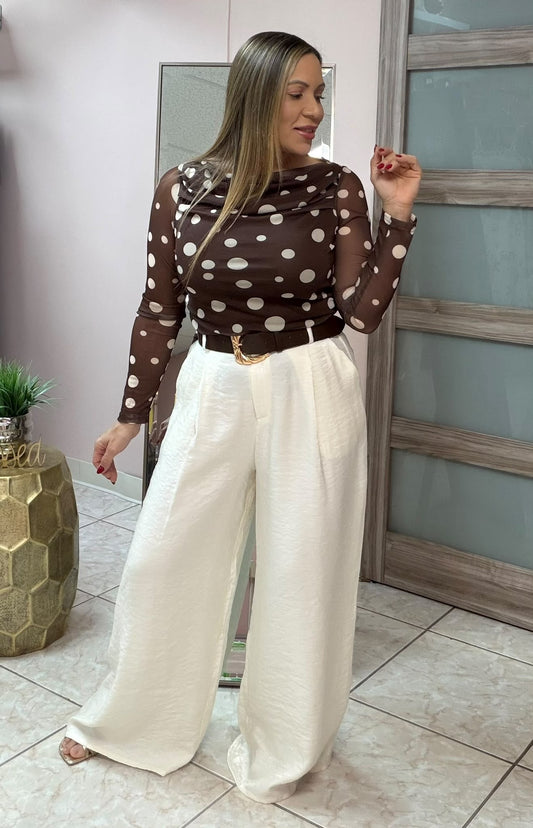 Ivory Satin Palazzo Pant with Belt