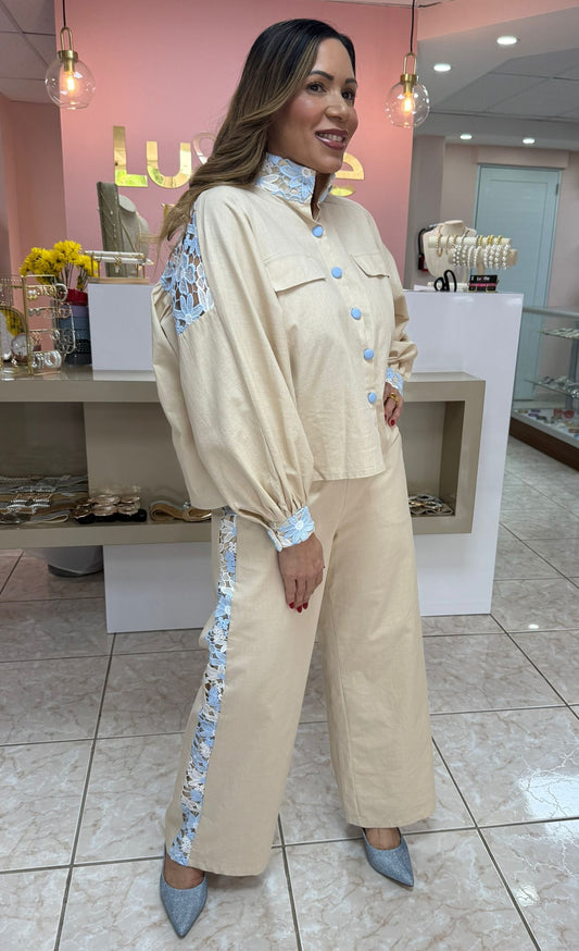 Ivory/Blue Linen Set