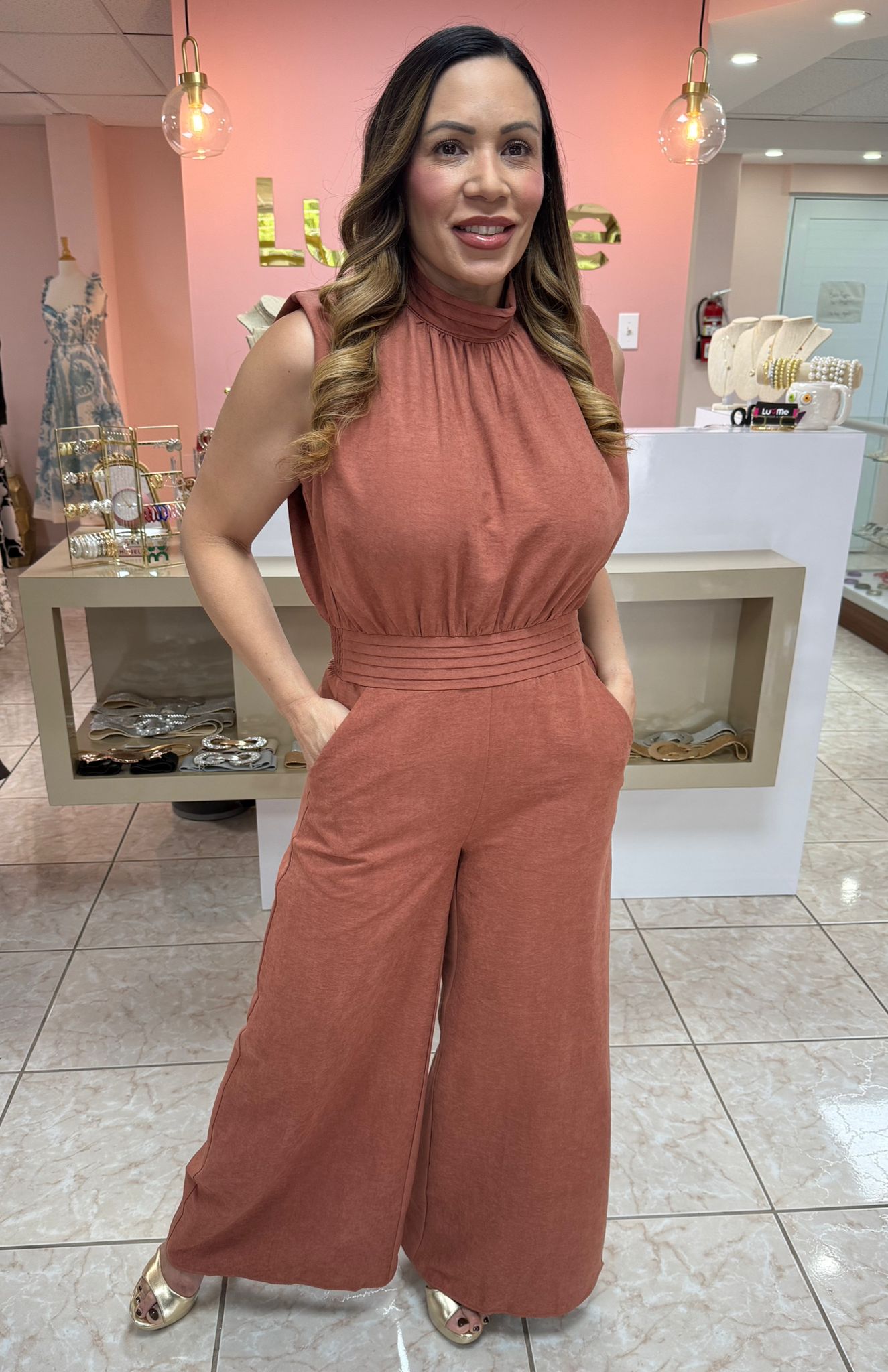 Rust Suede Halter Jumpsuit