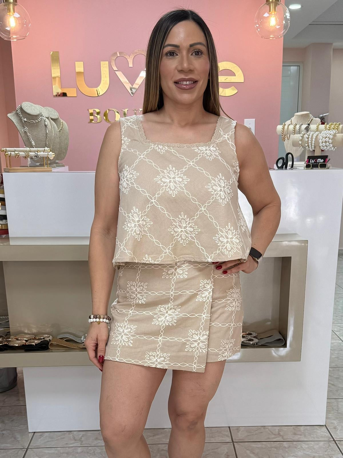 Embroidery Linen Top & Skort Set