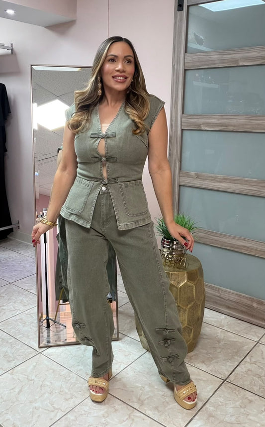 Sage Denim Top & Barrel Pant Set