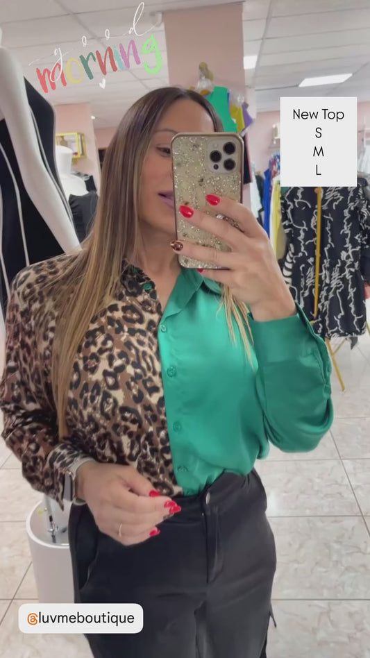 Green/Animal Print Top