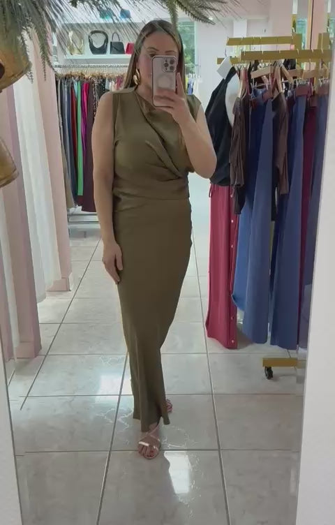 Olive Satin Maxi Dress